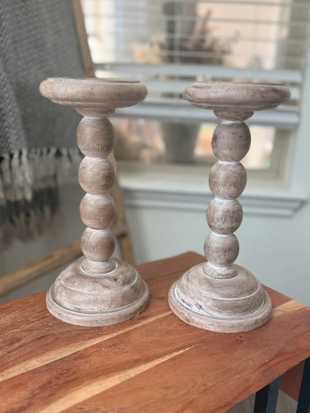 Whitewashed Wood Bobbin Candle Holders Set of 2 Boho Farmhouse